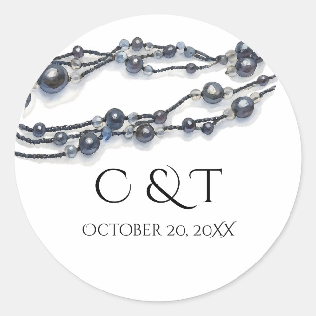 Adesivo Redondo Elegante Casamento Moderno com Pérola Azul Marinho (Frente)