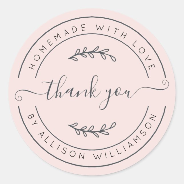 Adesivo Redondo Elegante Caseiro Com Amor Rosa Pastel Obrigada (Frente)