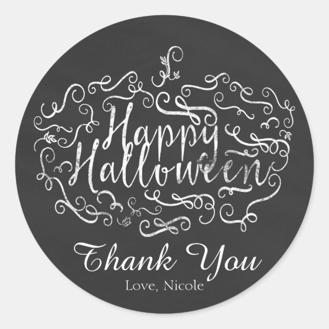 Adesivo Redondo Elegante Chalkboard Pumpkin Feliz Halloween (Frente)