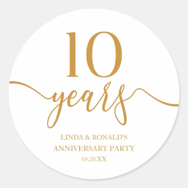 Adesivo Redondo Elegante Champanhe 10º Aniversário de Casamento (Frente)