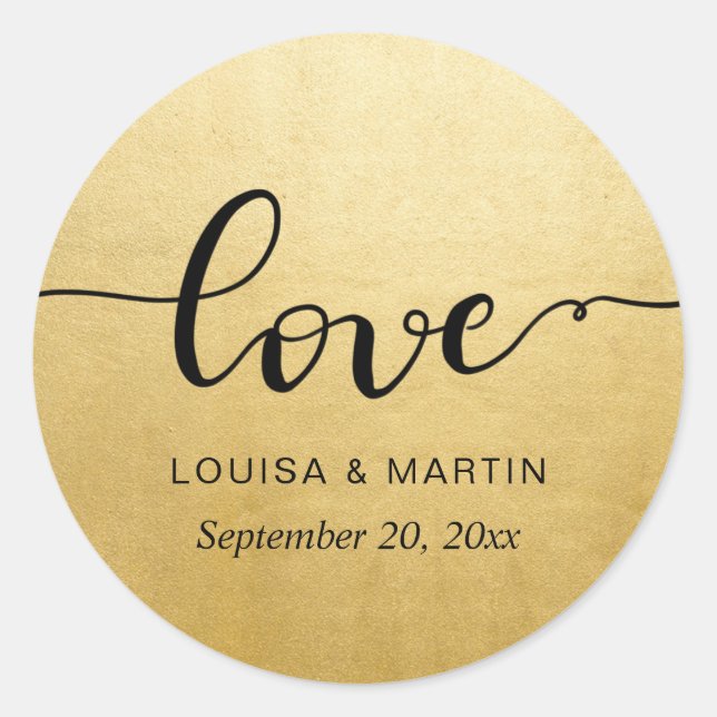 Adesivo Redondo Elegante Clássico Faux Gold Foil Love Manuscrito (Frente)
