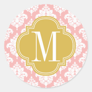 Adesivo Redondo Elegante cora o damasco cor-de-rosa personalizado