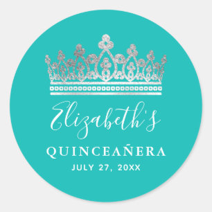 Adesivo Redondo Elegante Coroa de Quinceanera Azul Turquesa com Pr