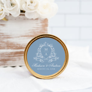 Adesivo Redondo Elegante Crista Floral Monograma Casamento Azul