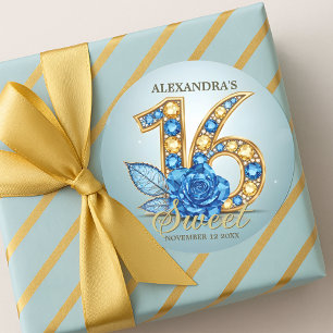 Adesivo Redondo Elegante Cristal Azul Rosa Dourada Joia Sweet 16