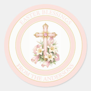 Adesivo Redondo Elegante Cruz de Páscoa & Design de Lírios