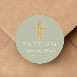 Adesivo Redondo Elegante Cruz Religiosa Verde Sálvia Batismo