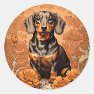Adesivo Redondo Elegante Dachshund E Marigolds