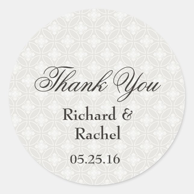 Adesivo Redondo Elegante Damask Silver e White Obrigado (Frente)
