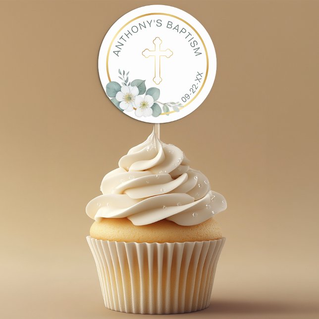 Adesivo Redondo Elegante de batismo cruzado | Religioso Simples (Favor Sticker)