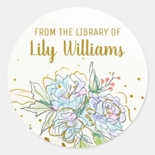 Adesivo Redondo Elegante de Biblioteca Floral Dourada de Aquarela