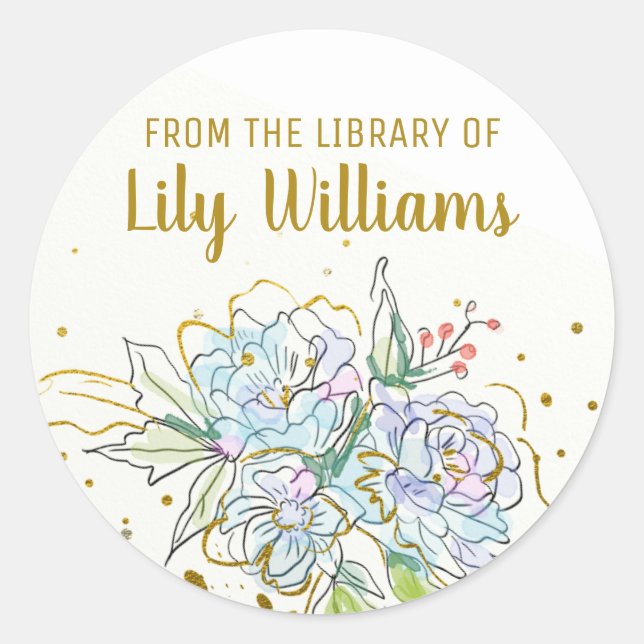Adesivo Redondo Elegante de Biblioteca Floral Dourada de Aquarela (Frente)