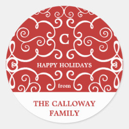 Adesivo Redondo Elegante de férias monograma/vermelho