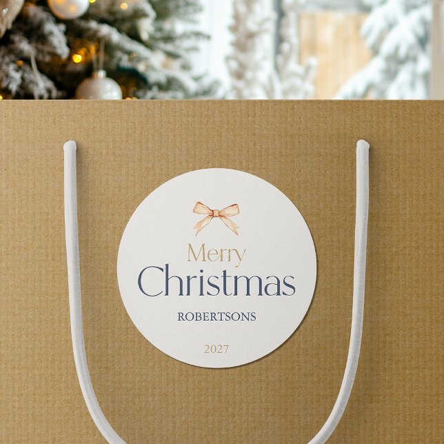 Adesivo Redondo Elegante de Natal Feliz com Arco Dourado (Criador carregado)