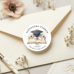 Adesivo Redondo Elegante Diploma de Capelo de Formatura Floral com