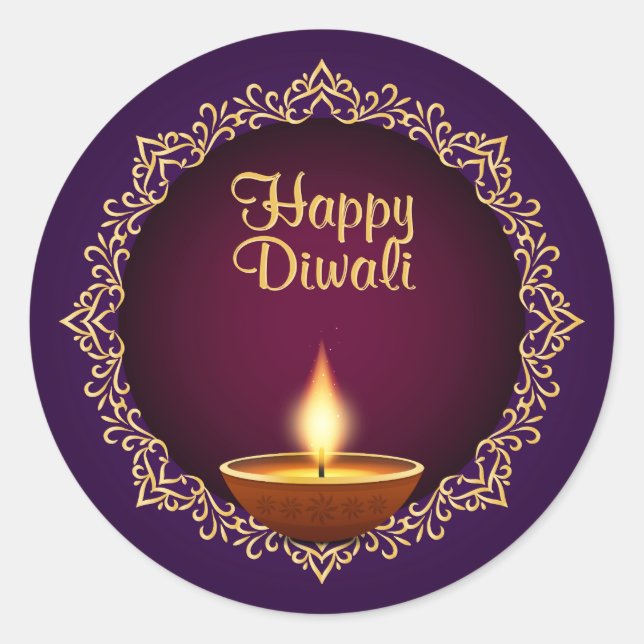 Adesivo Redondo Elegante Diwali Diyas Purple (Frente)