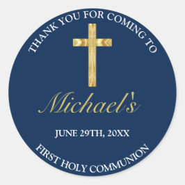 Adesivo Redondo Elegante Dourada Cruz Azul Primeira Comunhão Obrig