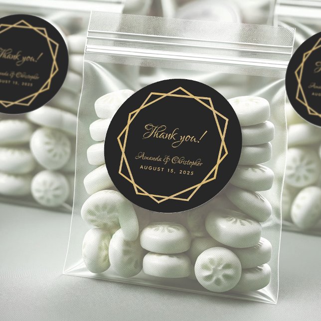 Adesivo Redondo Elegante Dourada Geométrica Negra Obrigado Casamen (Criador carregado)