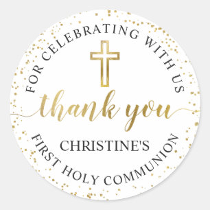 Adesivo Redondo Elegante Dourada Glitter Primeira Comunhão Obriga