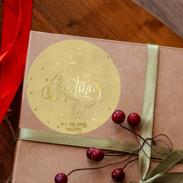 Adesivo Redondo Elegante Dourada Reindeer Dourada Letters no Natal (Criador carregado)
