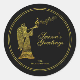 Adesivo Redondo Elegante Dourado Angel no Natal Negro