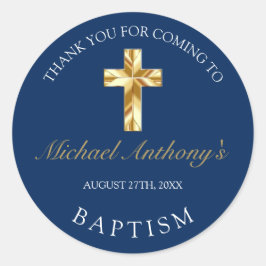 Adesivo Redondo Elegante Dourado Batismo Azul Bebê Obrigado