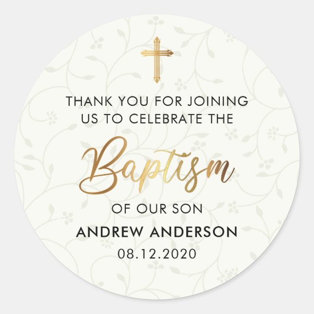 Adesivo Redondo Elegante Dourado Batismo Vintage Obrigado (Frente)