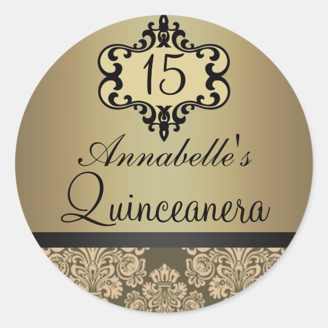 Adesivo Redondo Elegante Dourado Chic Damask Quinceanera Sticker (Frente)