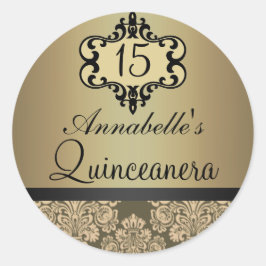 Adesivo Redondo Elegante Dourado Chic Damask Quinceanera Sticker