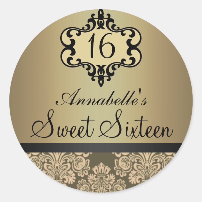Adesivo Redondo Elegante Dourado Chic Damask Sweet 16 Sticker (Frente)