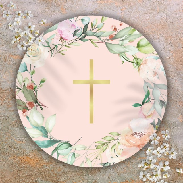 Adesivo Redondo Elegante Dourado Cross Woodland Rosa Garland Flora (Elegant Gold Cross Woodland Rose Garland Floral Classic Round Sticker)