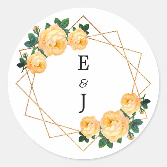 Adesivo Redondo Elegante Dourado Glitter Geométrico Laranja Floral (Frente)