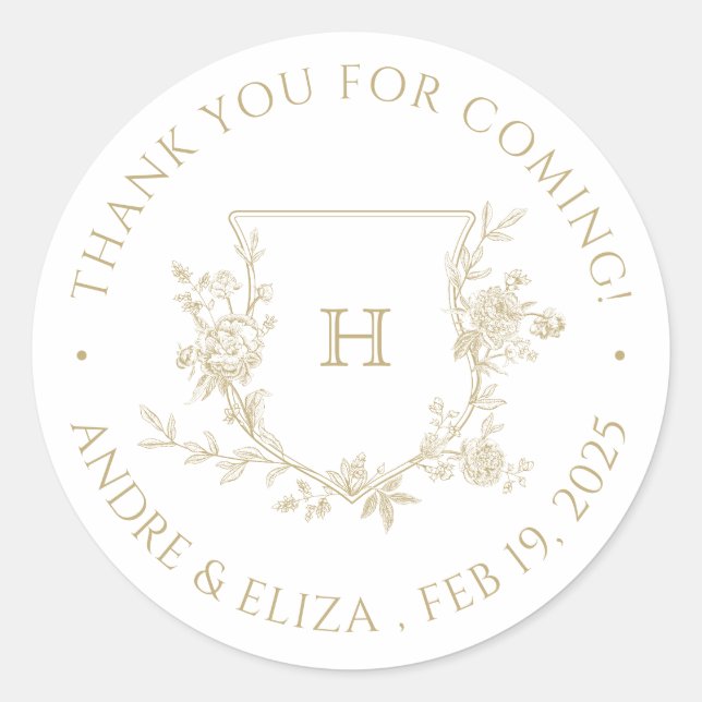 Adesivo Redondo Elegante Dourado Monograma Crest Casamento Obrigad (Frente)