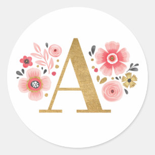 Adesivo Redondo Elegante Dourado Monograma Floral A Clássico