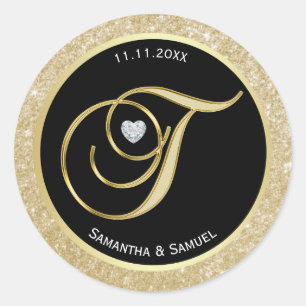 Adesivo Redondo Elegante Dourado Monograma Preto Letra 'T' Casamen