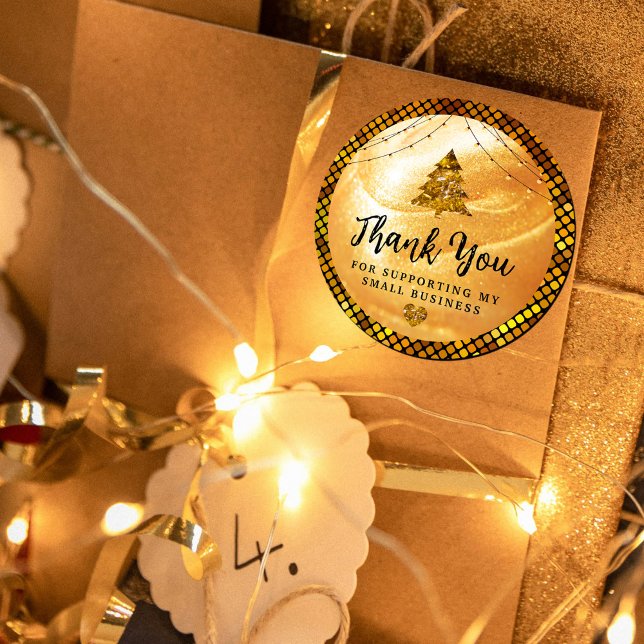 Adesivo Redondo Elegante Dourado Obrigado | Glitter e Pérolas (Elegant Gold Thank You | Glitter and Pearl Classic Round Sticker #holidaysticker #supporting #bright)