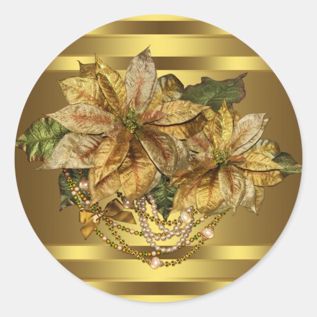 Adesivo Redondo Elegante Dourado Poinsettia Stickers (Frente)