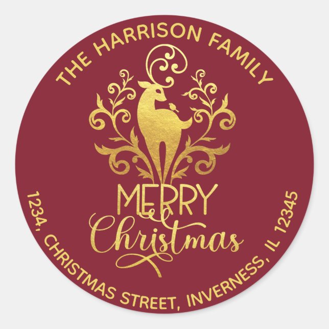Adesivo Redondo Elegante Dourado Veado Feliz Endereço de Natal Ver (Frente)