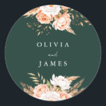 Adesivo Redondo Elegante Emerald Green Floral Casamento outono Bem<br><div class="desc">Vinhetas de casamento verdes e esmeraldas com sotaques florais boho chic de rosa de pedras e grama pampas. Simples de personalizar com nomes personalizados em tipografia elegante e minimalista.</div>