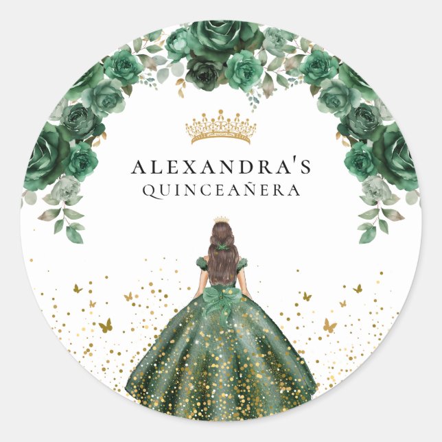 Adesivo Redondo Elegante Emerald Quinceañera Floral Faux Foil (Frente)