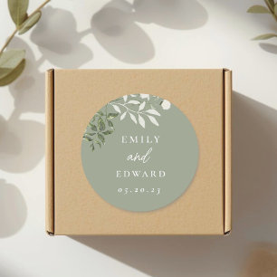 Adesivo Redondo Elegante Envelope de Noivado com Folhagem de Sage