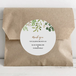 Adesivo Redondo Elegante Eucalyptus Leaf Greenery Obrigado Favor