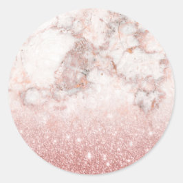 Adesivo Redondo Elegante Faux Rosa Dourado Glitter White Marble Om