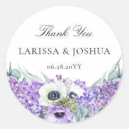 Adesivo Redondo Elegante Favor de Casamento Floral Roxo Agradecime