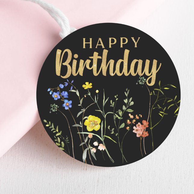 Adesivo Redondo Elegante Feliz Aniversário Flores Selvagens Redond (Elegant Happy Birthday Wildflowers Round Sticker Mockup 1)