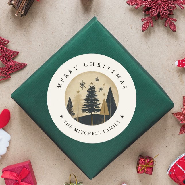 Adesivo Redondo Elegante Feliz Natal Floresta Dourada Quente de Pi (Criador carregado)