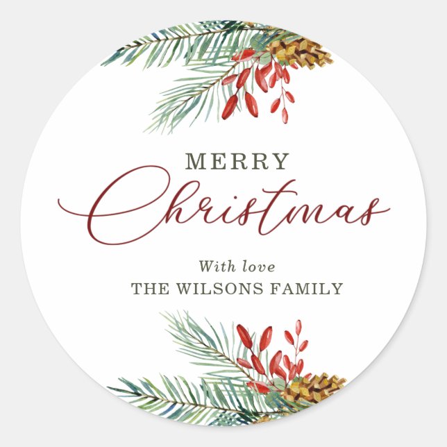 Adesivo Redondo Elegante Feliz Natal Holly Berries Pinecones (Frente)
