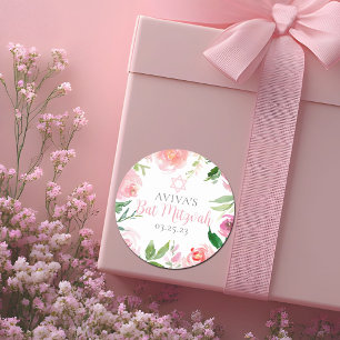 Adesivo Redondo Elegante Festa de Bat Mitzvah Personalizada Floral