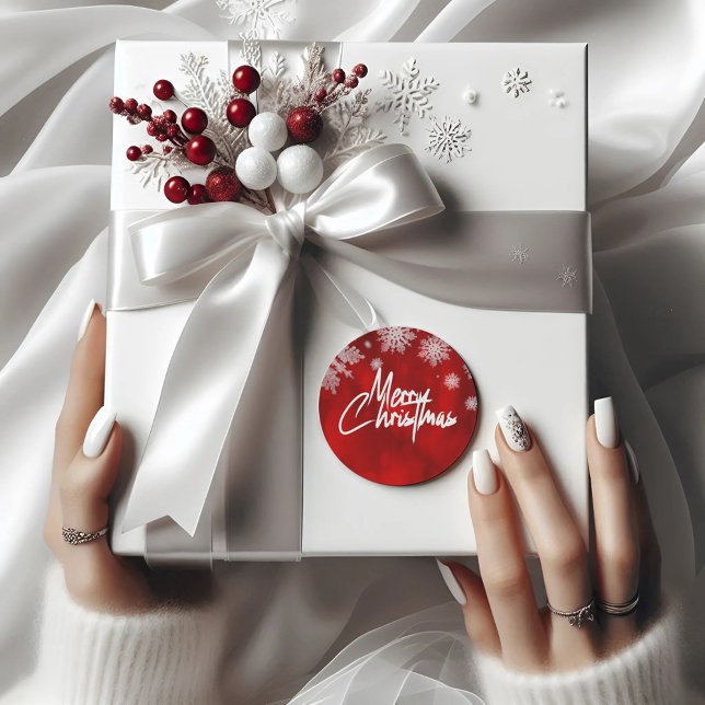 Adesivo Redondo Elegante Flocos de neve do Natal Vermelho (Criador carregado)