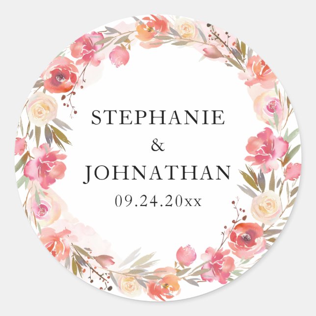 Adesivo Redondo Elegante Flor de Água de Pêssego Rosa (Frente)